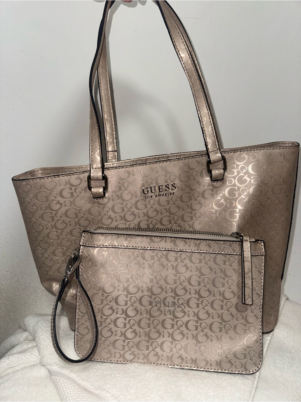 Guess Metallic Beige Logo Tote with Matching Wristlet